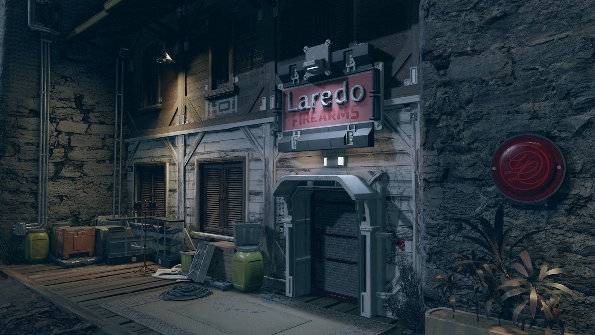 starfield akila city laredo firearms building exterior at night