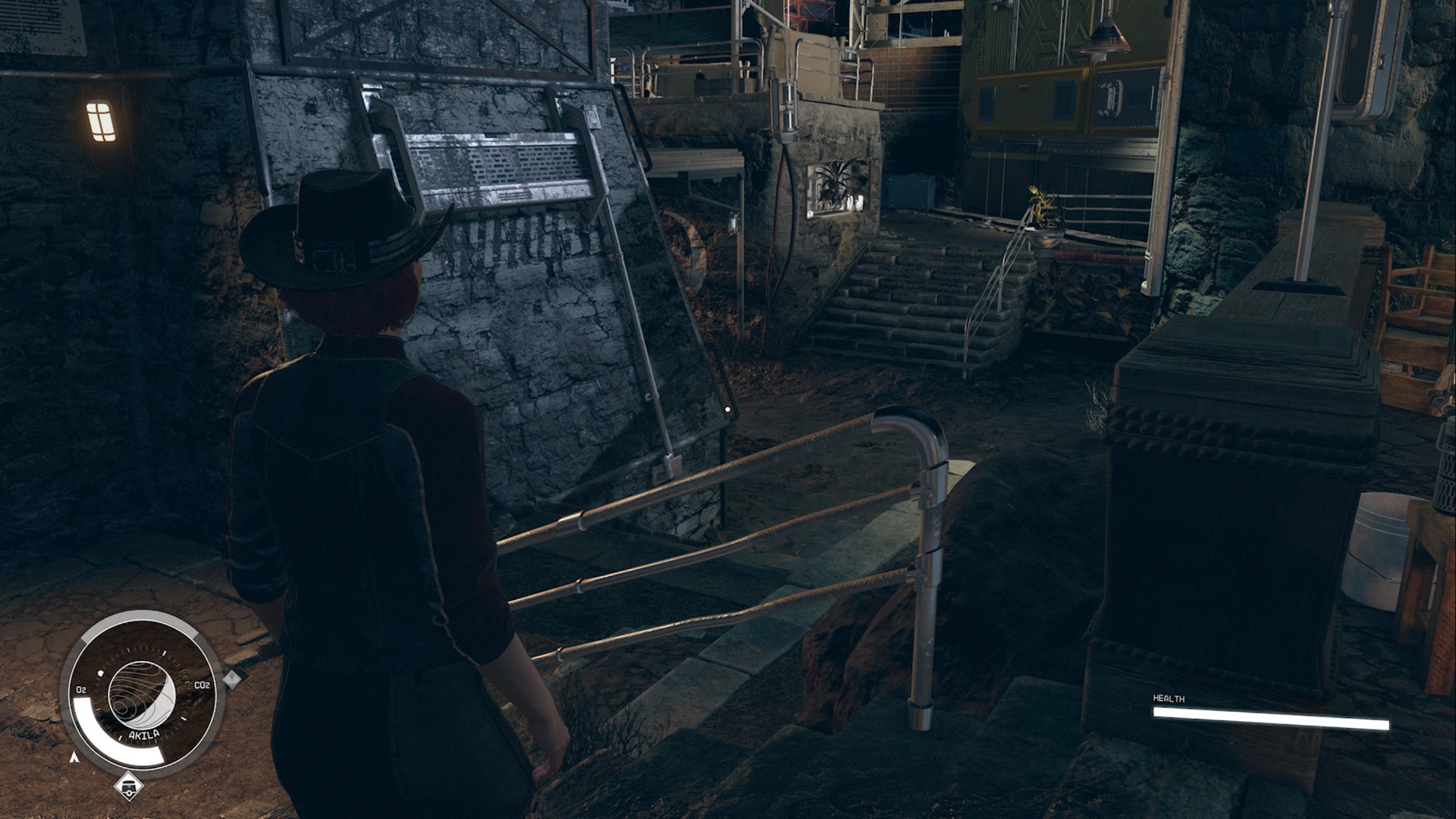 starfield akila city, person in cowboy hat looking at back alley steps.