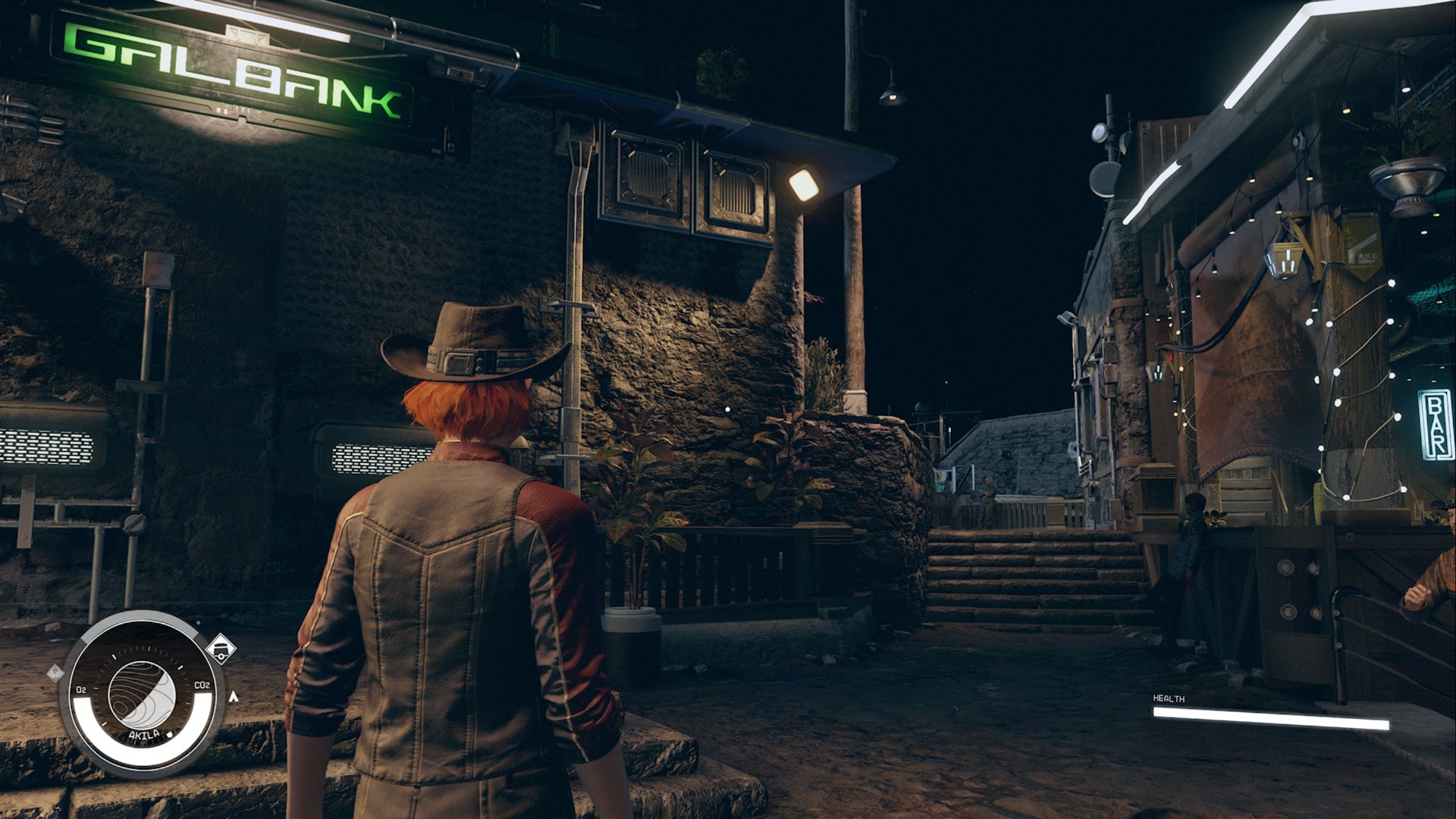 starfield akila city, player is looking at stairs between galbank and hitching post at night