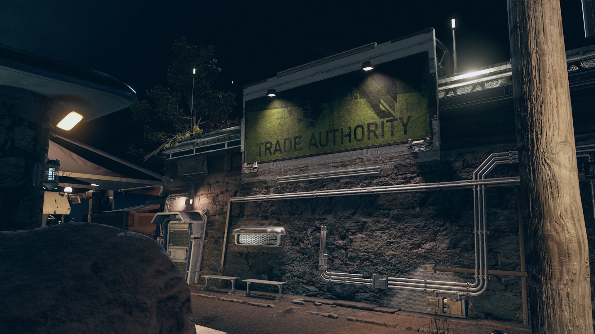 starfield akila city trade authority building exterior at night