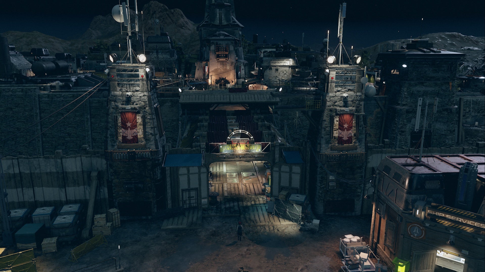 starfield akila city front gate at night