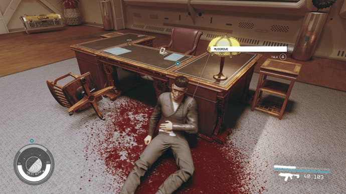 Musgrove lies wounded in Slayton Aerospace HQ, Neon in Starfield.