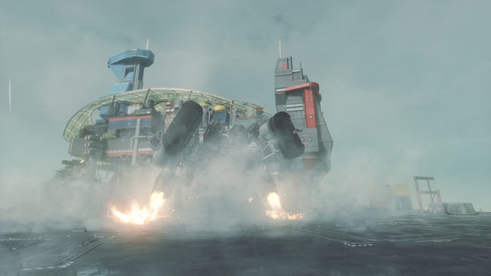 Ship landing at the spaceport in Neon in Starfield.