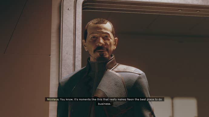 Nicolaus Slayton at Slayton Aerospace HQ, Neon in Starfield.