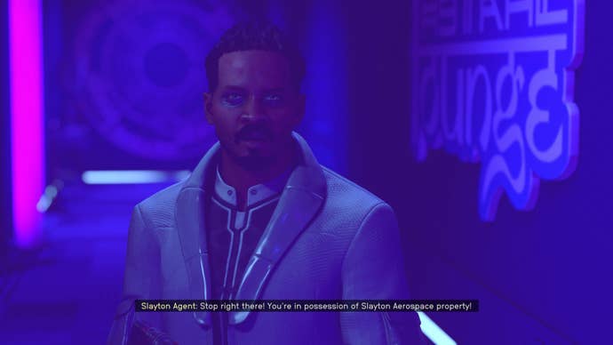 A Slayton agent awaits you at the Astral Lounge, Neon in Starfield.