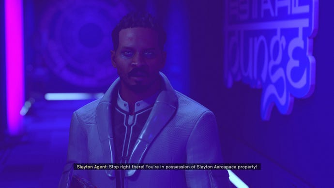 A Slayton agent awaits you at the Astral Lounge, Neon in Starfield.