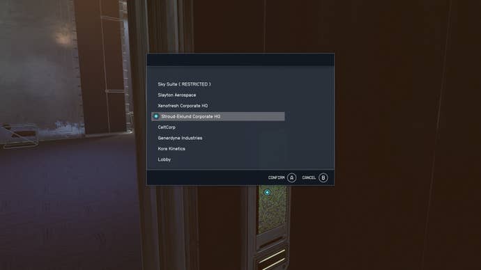 The elevator to Stroud-Eklund HQ on Neon in Starfield.