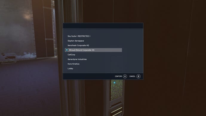 The elevator to Stroud-Eklund HQ on Neon in Starfield.