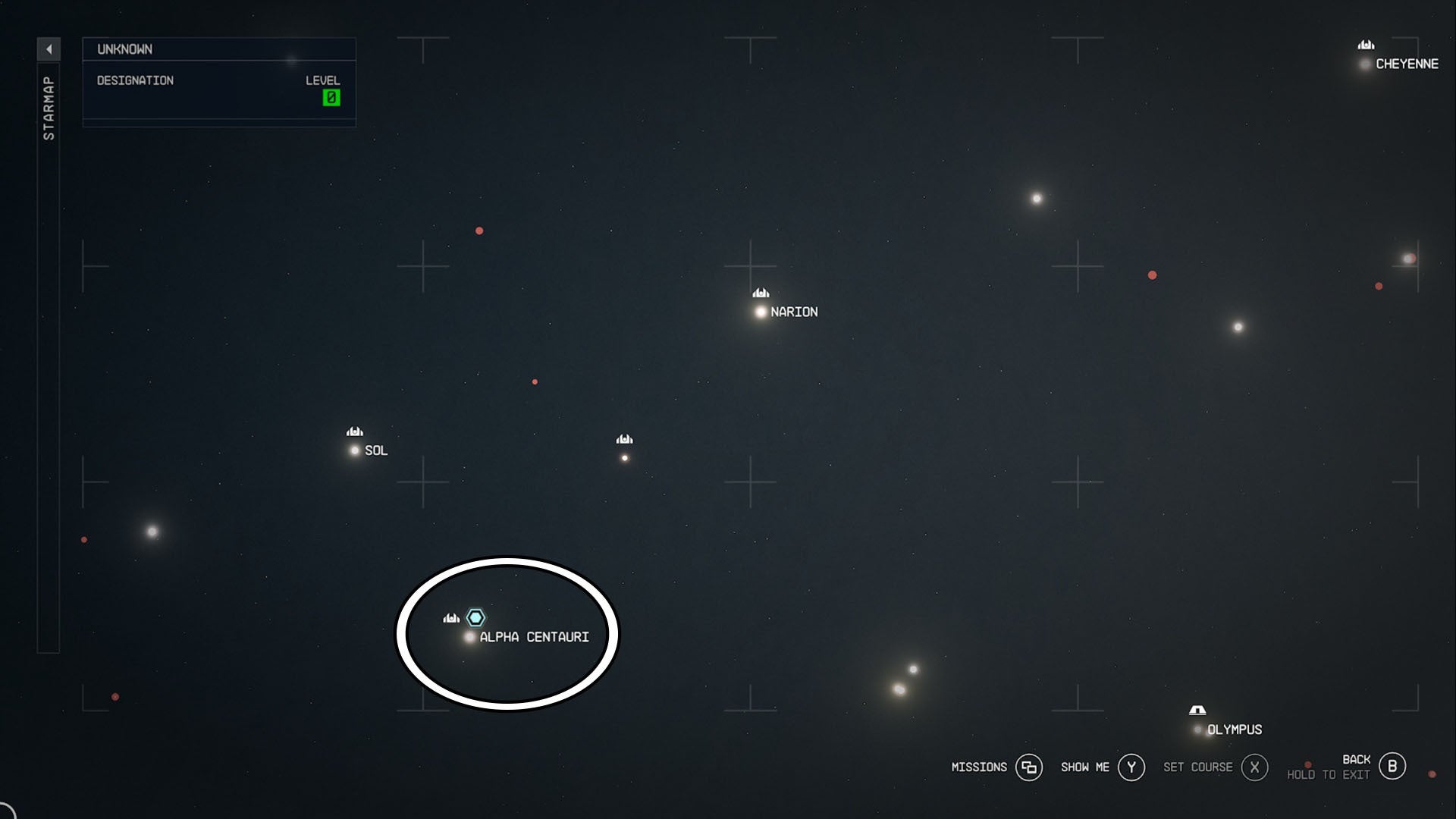 Starfield Alpha Centauri system location circled on star map