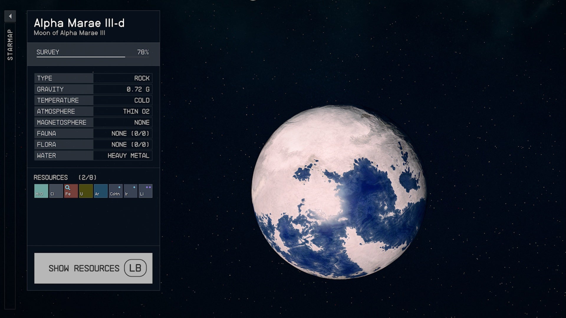 Starfield, Alpha Marae III-d planet map.