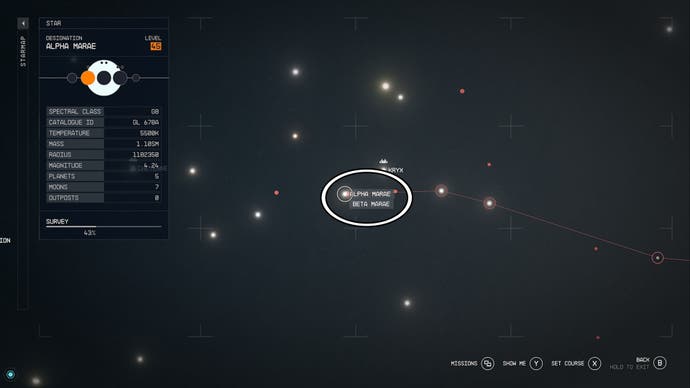 Starfield Alpha Marae system location circled on star map