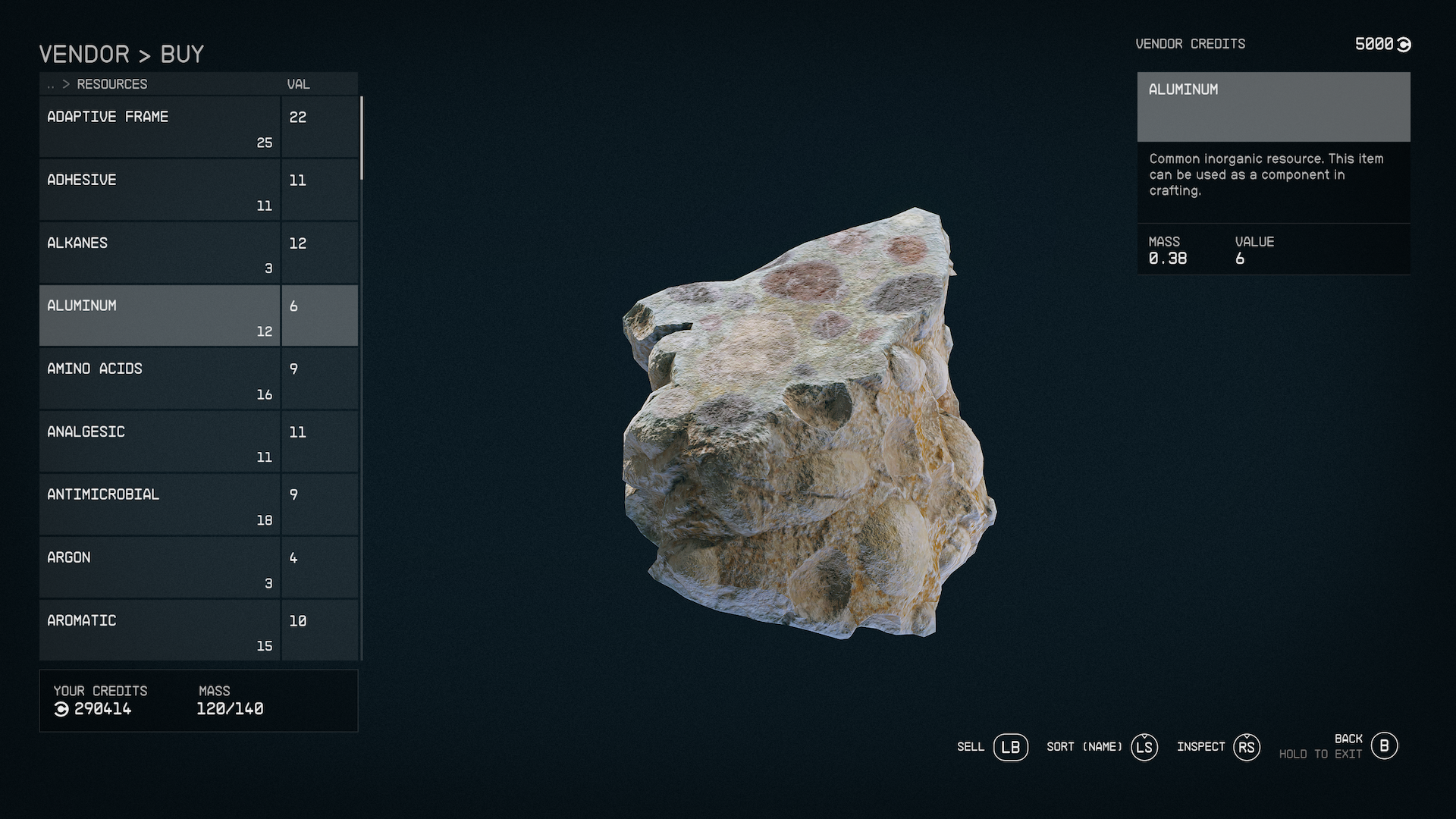 An inventory screen showing aluminium ore in Starfield