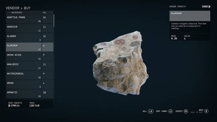 An inventory screen showing aluminium ore in Starfield