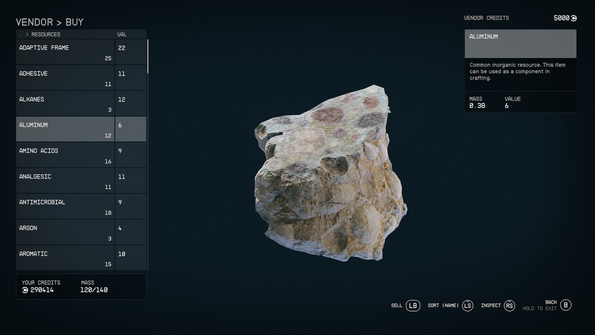 An inventory screen showing aluminium ore in Starfield - 1