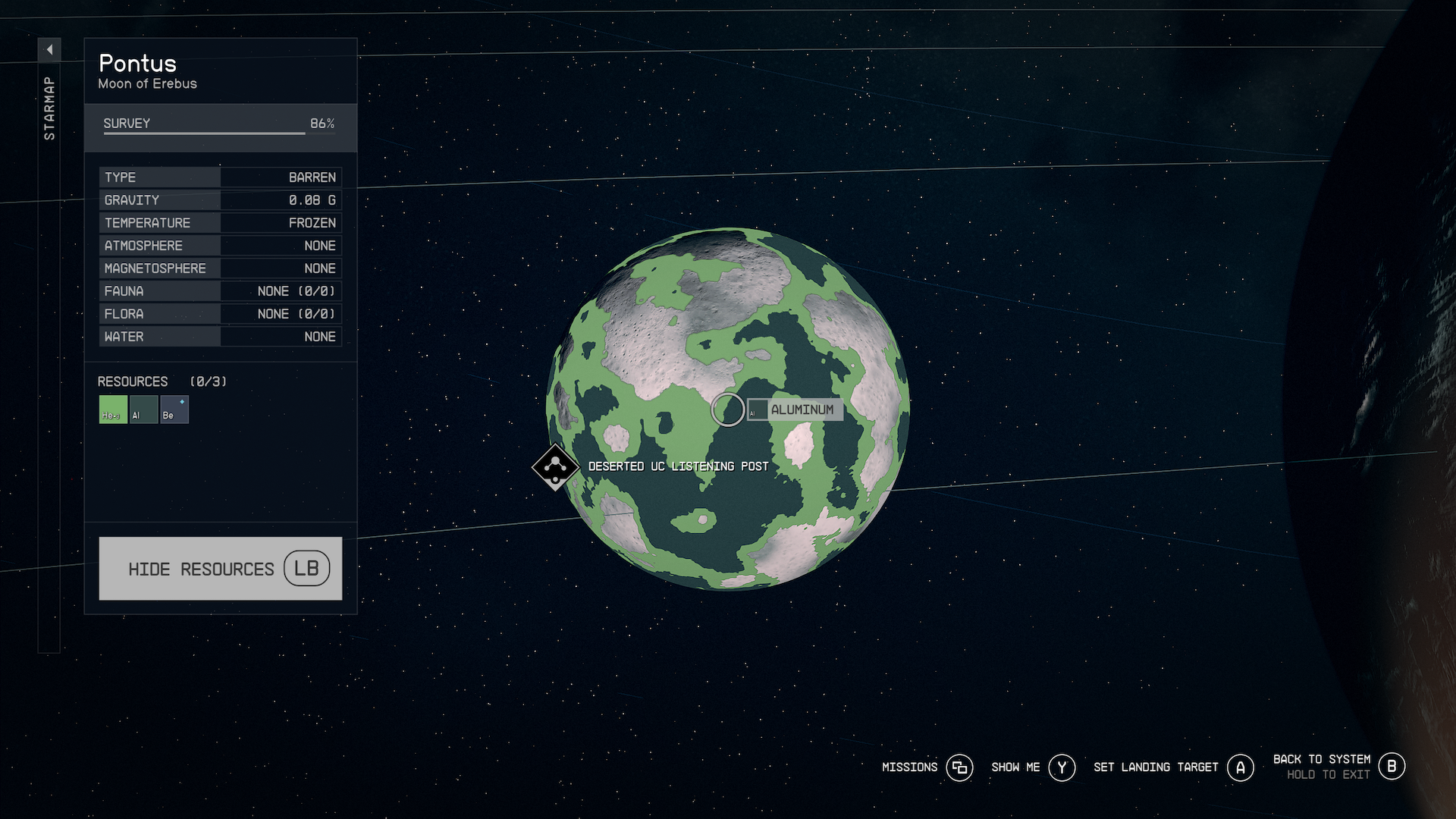 A map screen of a moon called Pontus, showing minable deposits of aluminium in Starfield