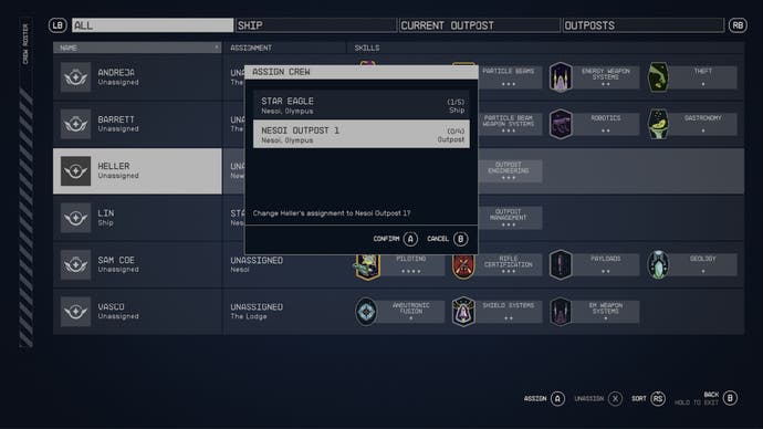 starfield assign crew to nesoi outpost menu