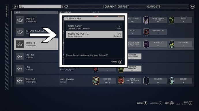 starfield assign crew to nesoi outpost option