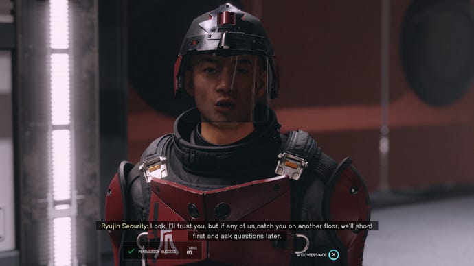 Using Persuasion on Ruyjin Security guard in Starfield.