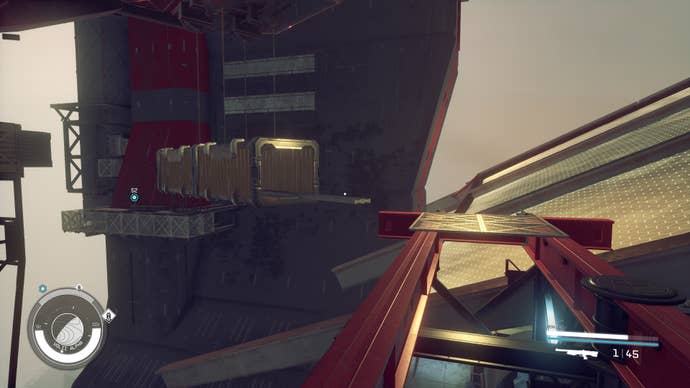 Scaffolding leading to a rooftop entrance to Ruyjin Industries in Starfield.