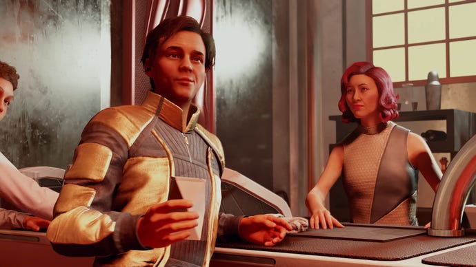 A man accepts a drink from a woman at a bar in Starfield.