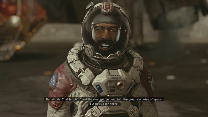 Barrett speaks to the camera in Starfield.