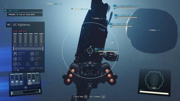 A ship coming in to dock at the UC Vigilance in Starfield