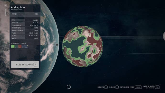 The planet Andraphon in Starfield as seen from orbit with the resources scanner activated.