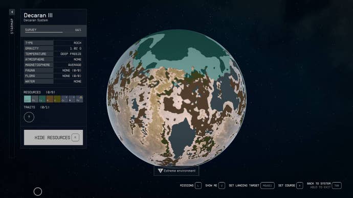 The planet Decaran III in Starfield as seen from orbit with the resources scanner activated.