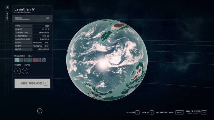 The planet Leviathan IV in Starfield as seen from orbit with the resources scanner activated.
