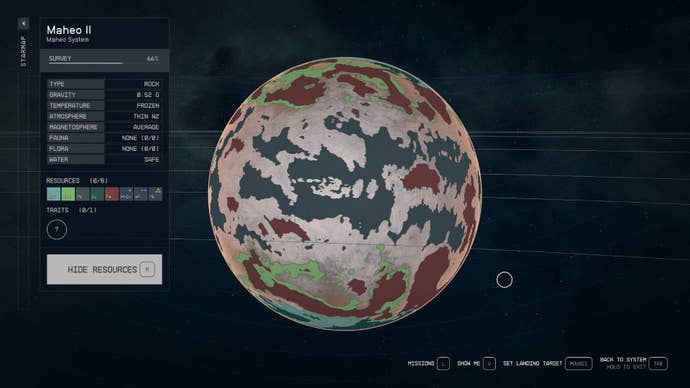 The planet Maheo II in Starfield as seen from orbit with the resources scanner activated.