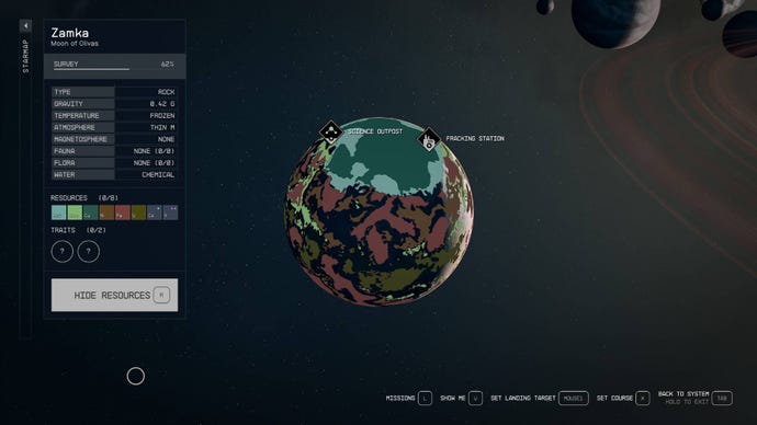 The planet Zamka in Starfield as seen from orbit with the resources scanner activated.