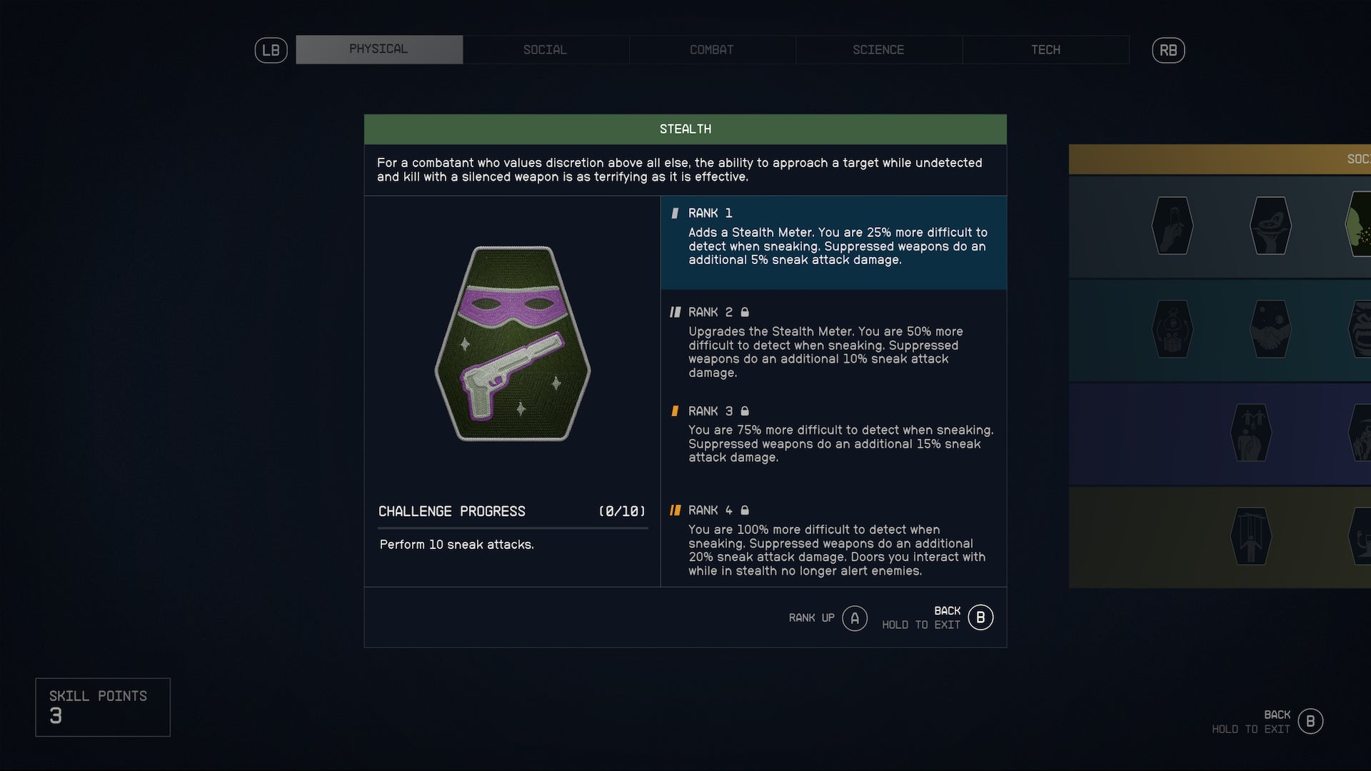 A menu showing the Stealth Skill tree in Starfield - 1