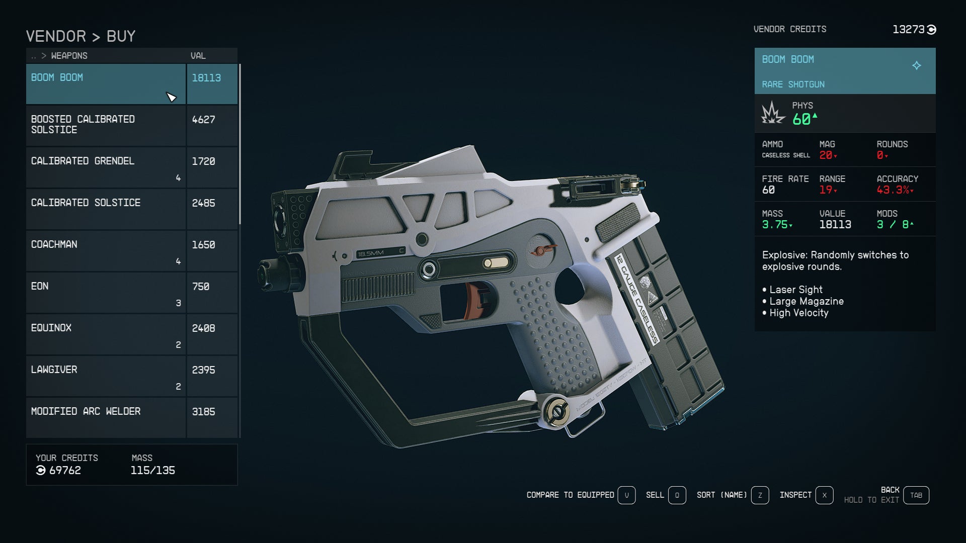 An inventory screen showing Boom Boom, an explosive shotgun that's one of the best weapons in Starfield - 6