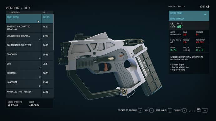 An inventory screen showing Boom Boom, an explosive shotgun that's one of the best weapons in Starfield