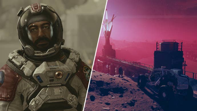 Barrett in Starfield opposite the player standing near a moon buggy on Varuun-Kai.