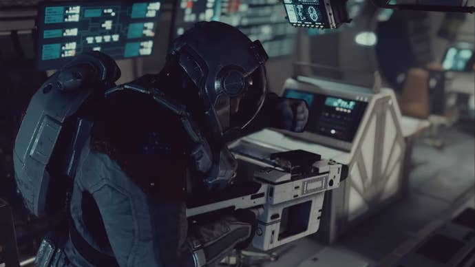 Starfield, the player is inside an enemy ship holding their weapon up as they move forward