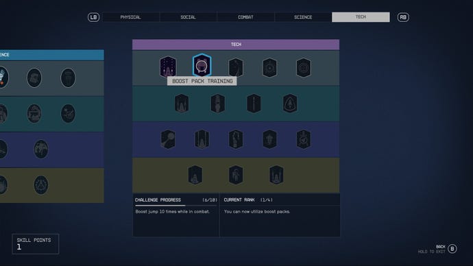 The Tech skill tree menu in Starfield, with the Boost Pack Training skill highlighted.