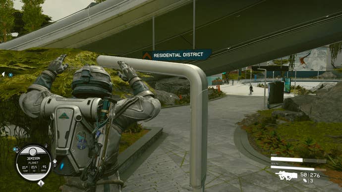 A person in a space suit using a boost pack to glide through the air in Starfield