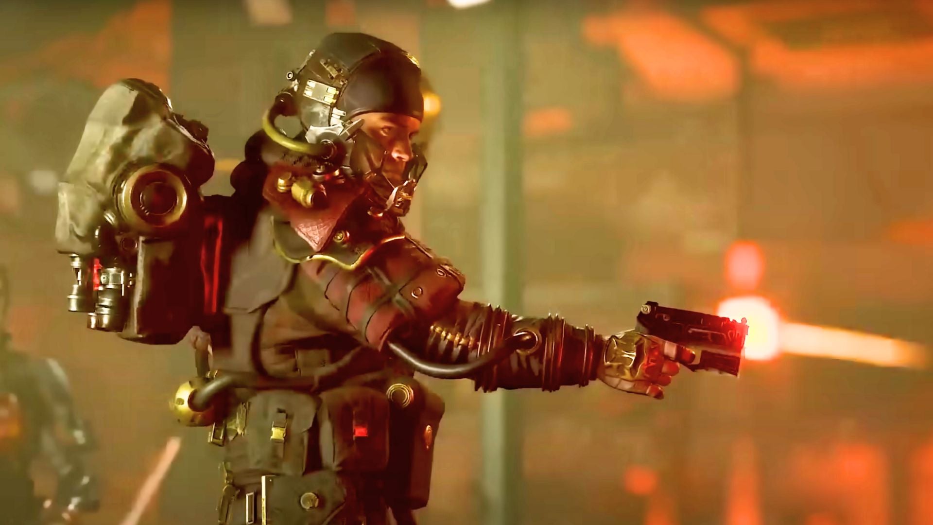 A character shoots at another in Starfield.