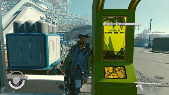 A Ship Service Technician in New Atlantis looks at the player in Starfield.