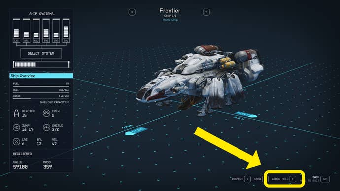 The ship screen in Starfield, with an arrow pointing to the Cargo Hold button in the bottom-right corner.