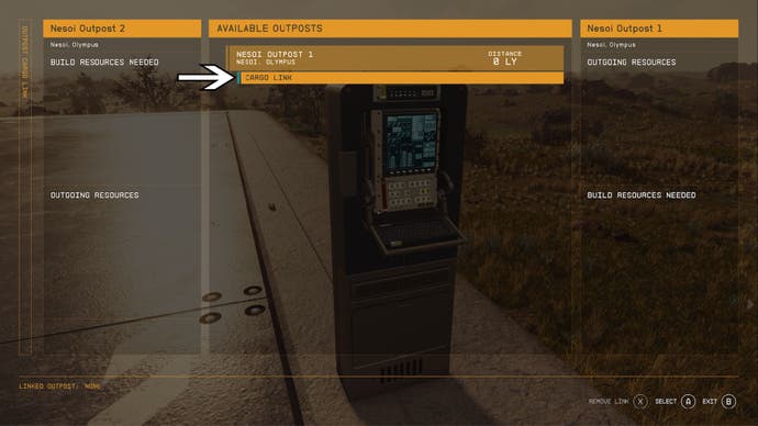 starfield cargo link control panel menu create cargo link option