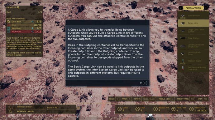 The player in Starfield reads a pop-up tutorial panel about Cargo Links.
