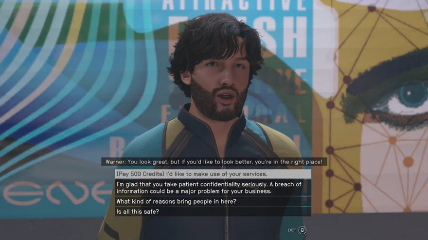 The player in Starfield speaks to the owner of a Genetics Facility and asks to make use of their services.