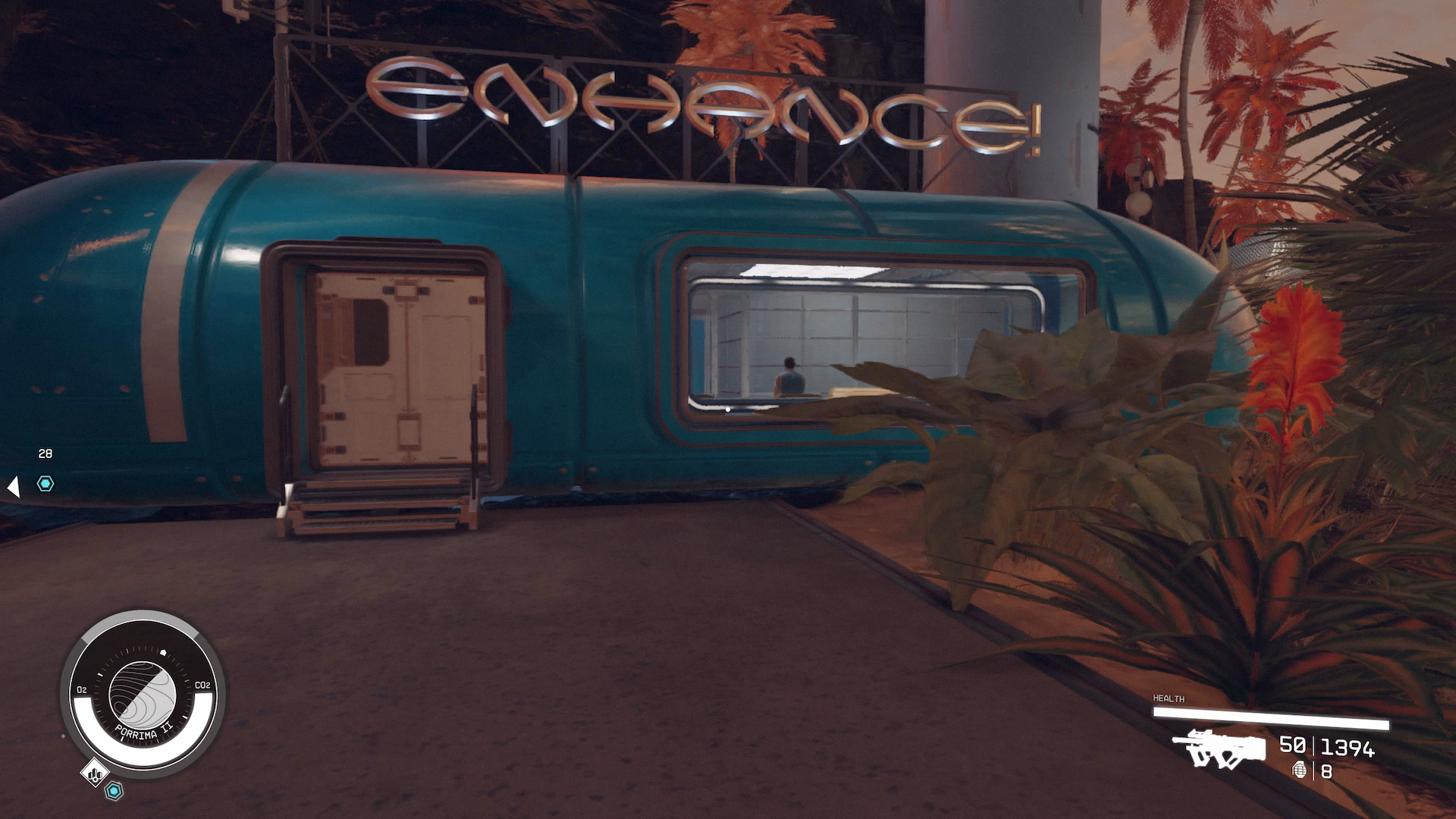 Standing in front of the Enhance clinic on Paradiso, where you can change your appearance in Starfield