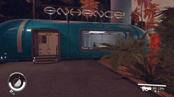 Standing in front of the Enhance clinic on Paradiso, where you can change your appearance in Starfield