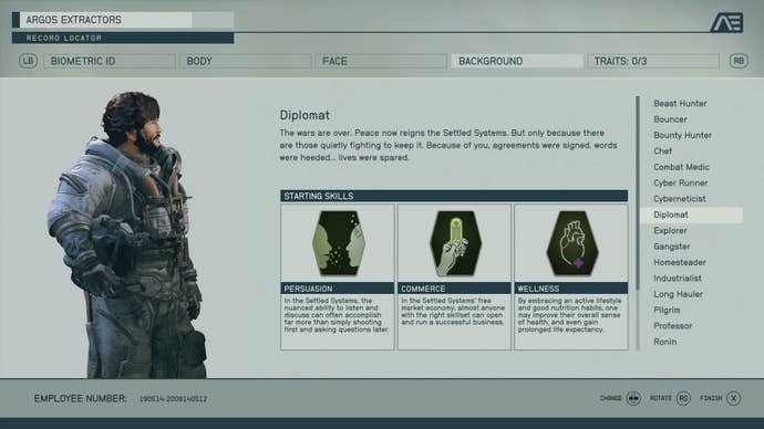 A screenshot from the Starfield character creator in the Background screen, with the player character standing on the left.