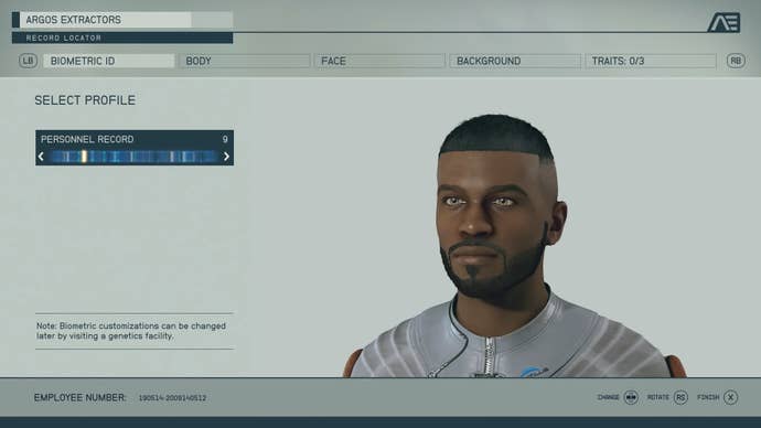 A screenshot from the Starfield character creator in the Biometric ID screen, with the player character’s face on the right.