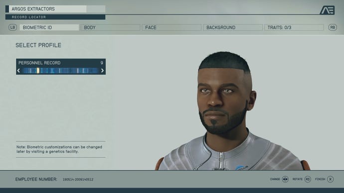A screenshot from the Starfield character creator in the Biometric ID screen, with the player character's face on the right.