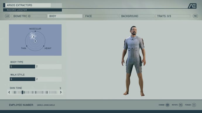 A screenshot from the Starfield character creator in the Body screen, with the player character's body on the right.